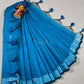 Blue cotton linen saree