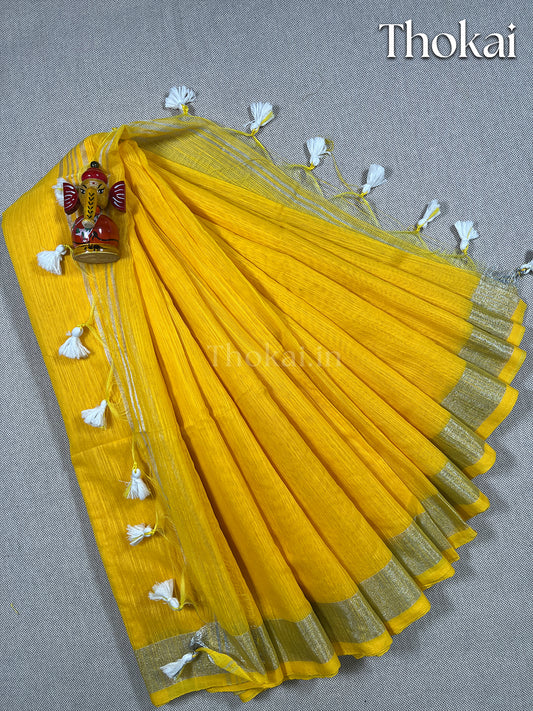 Lemon yellow cotton linen saree