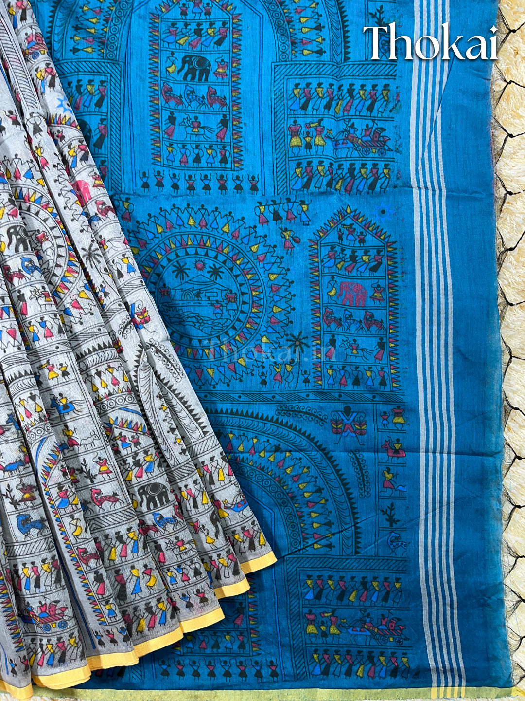 Grey and Blue madhubaani printed silk cotton saree