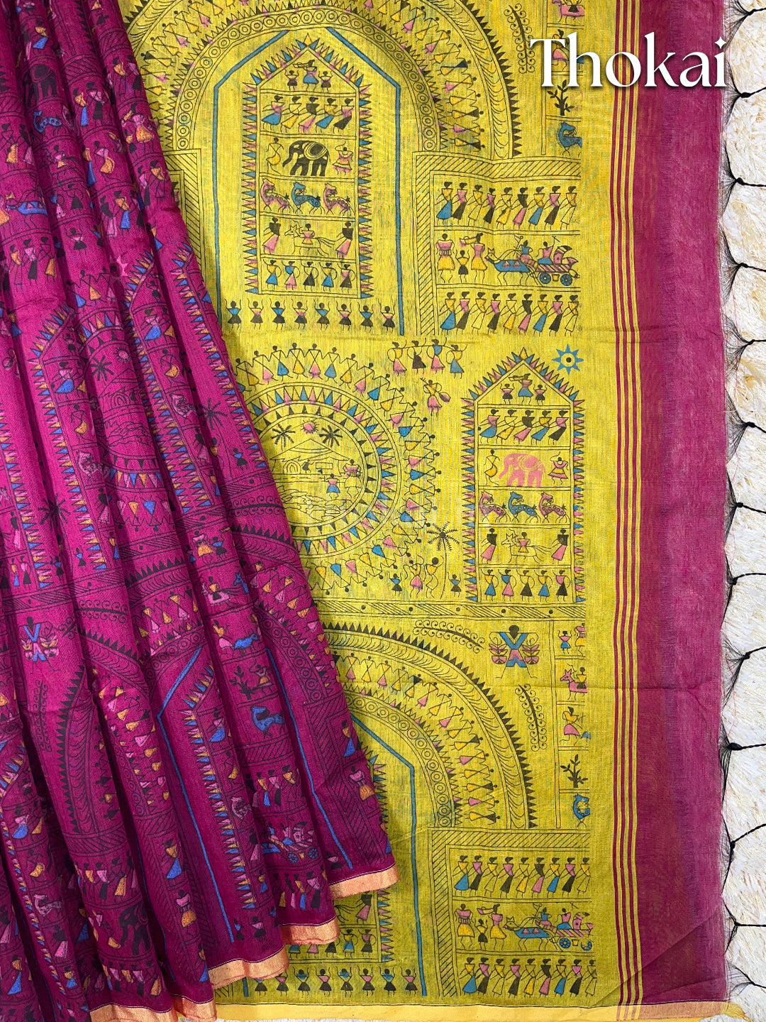 Magenta and yellow madhubaani printed silk cotton saree