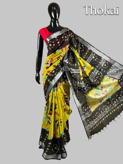 Black and green linen batik saree