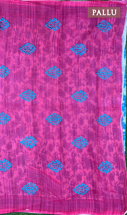 Blue and pink embroidered cotton saree