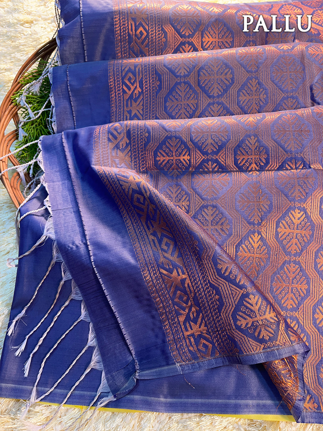 Dual color of yellow and blue kanchipuram semi soft silk saree