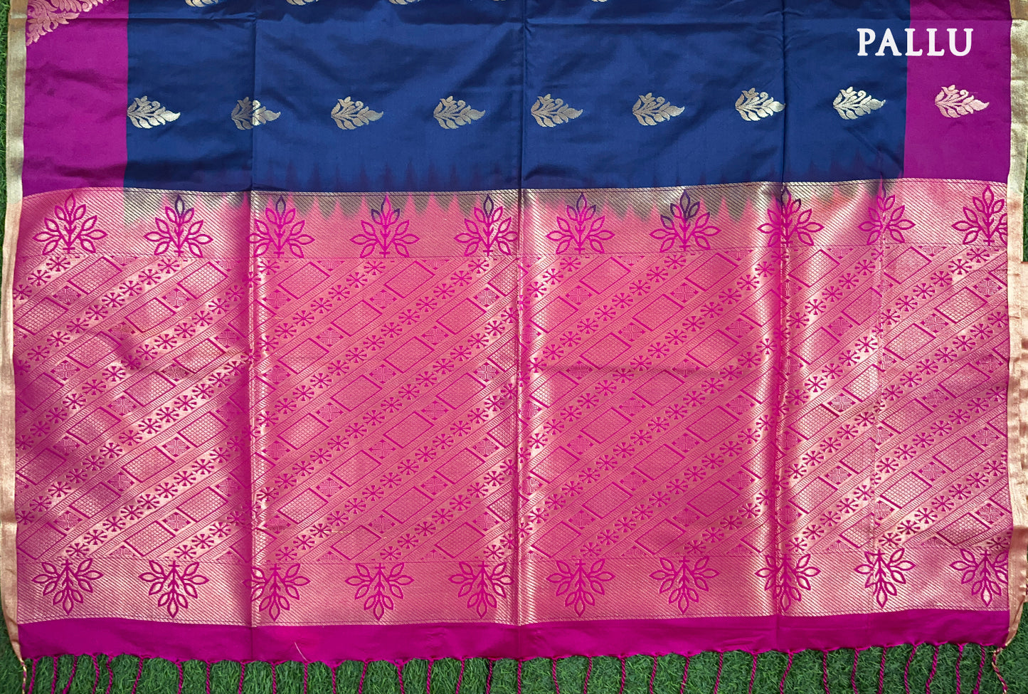 Ink blue with Rani Pink Kanchipuram semi soft silk saree