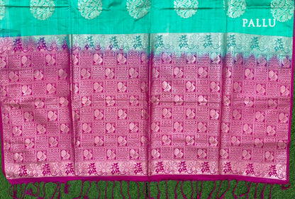 Green with Rani Pink Kanchipuram semi soft silk saree