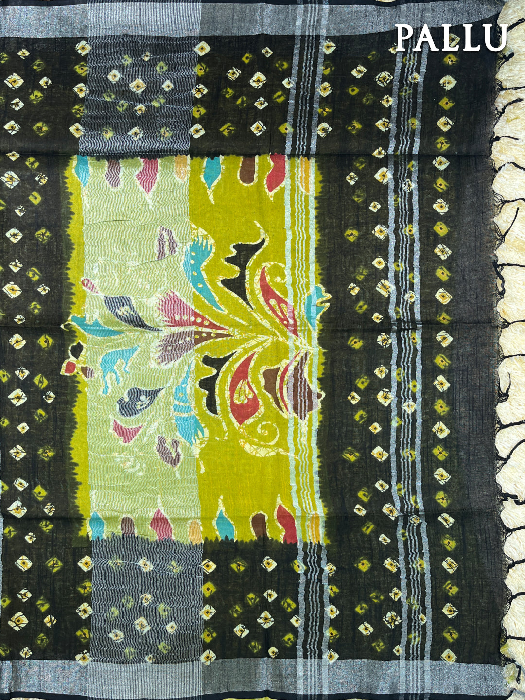 Black and green linen batik saree