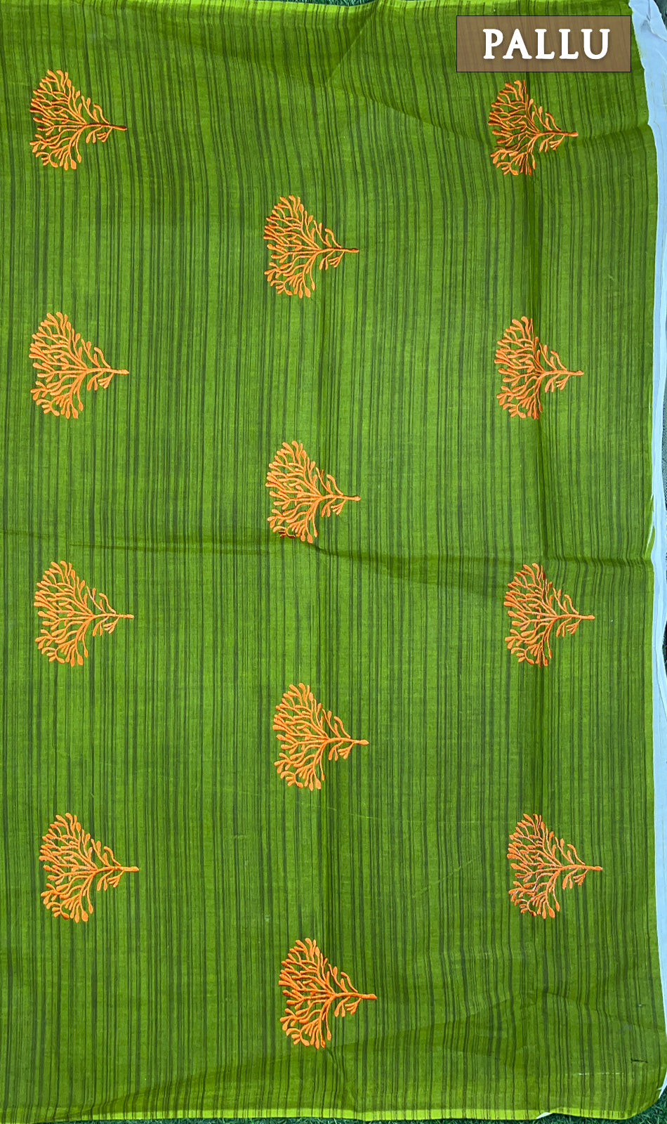 Orange and green embroidered cotton saree