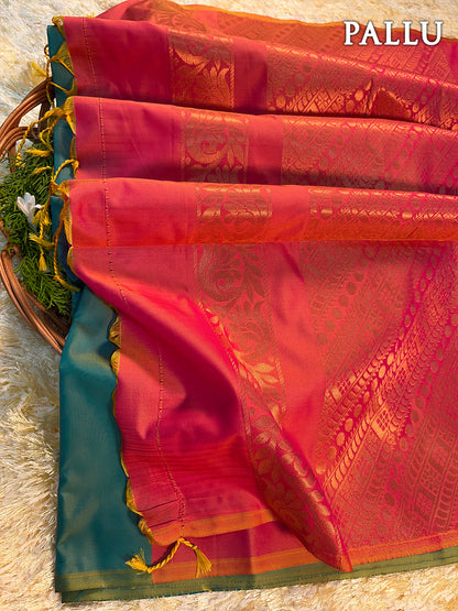 Dual color of turquoise green and maroon kanchipuram semi soft silk saree