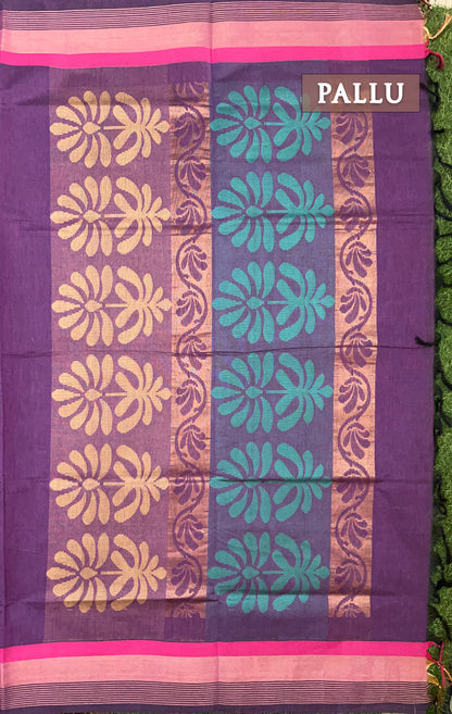 Deep violet and blue pure rich cotton saree