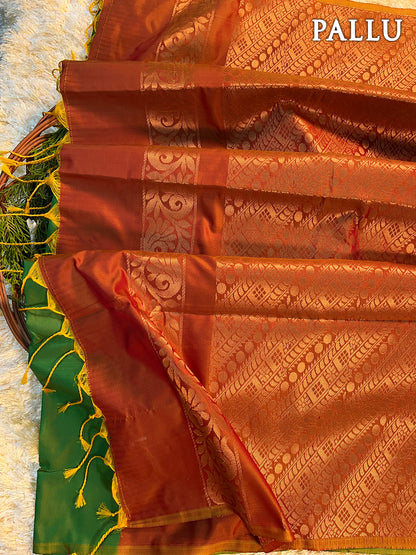 Dual color of green and maroon kanchipuram semi soft silk saree