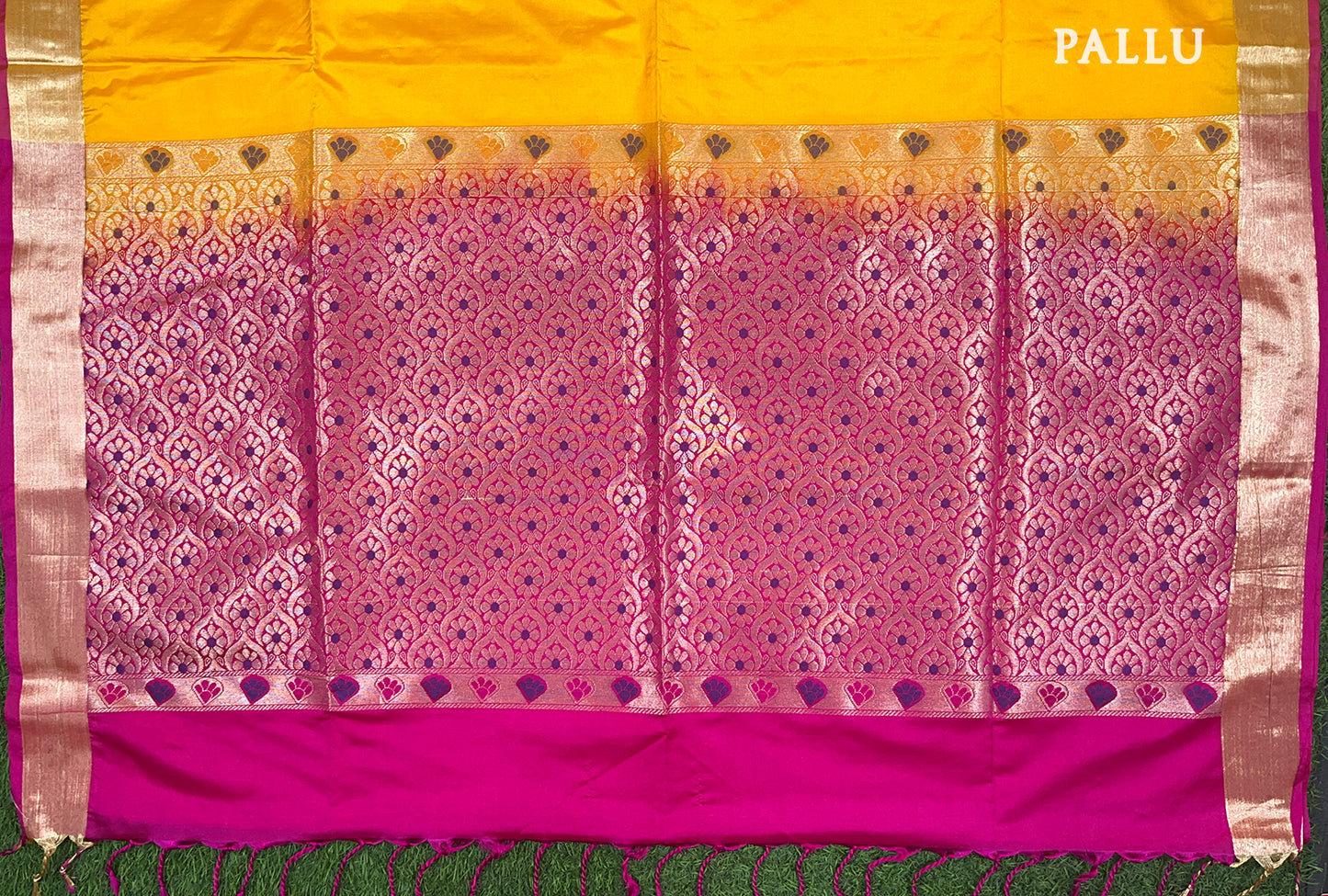 Mango Yellow with Rani Pink Kanchipuram semi soft silk saree