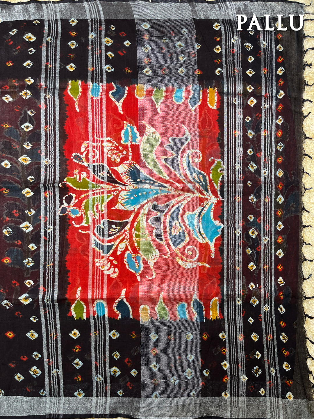 Black and red linen batik saree