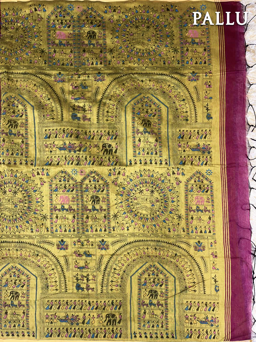 Magenta and mustard yellow madhubaani printed silk cotton saree