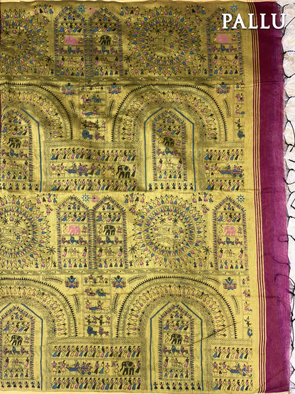Magenta and mustard yellow madhubaani printed silk cotton saree