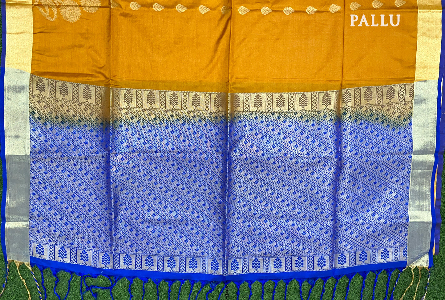 Mustard Yellow with Royal Blue Kanchipuram semi soft silk saree