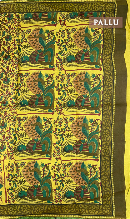 Yellow and green printed cotton saree