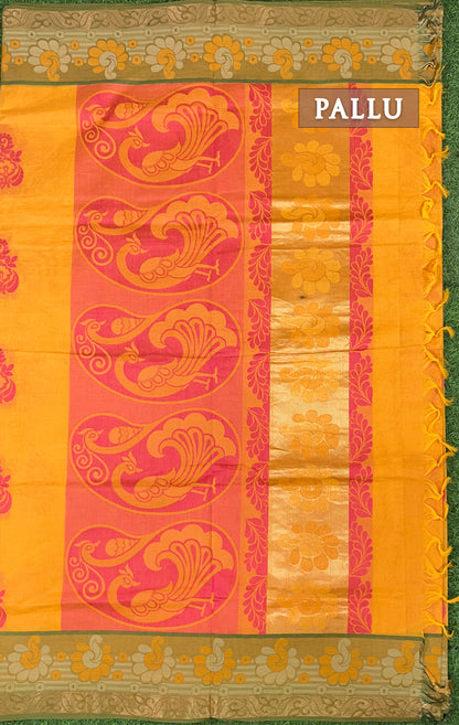 Yellow & pink pure rich cotton saree