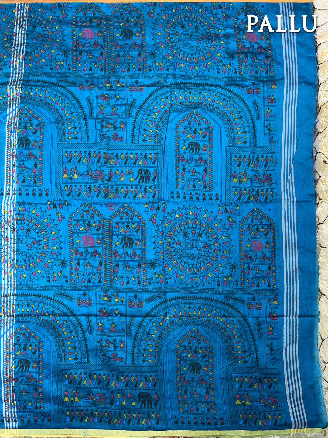 Grey and Blue madhubaani printed silk cotton saree