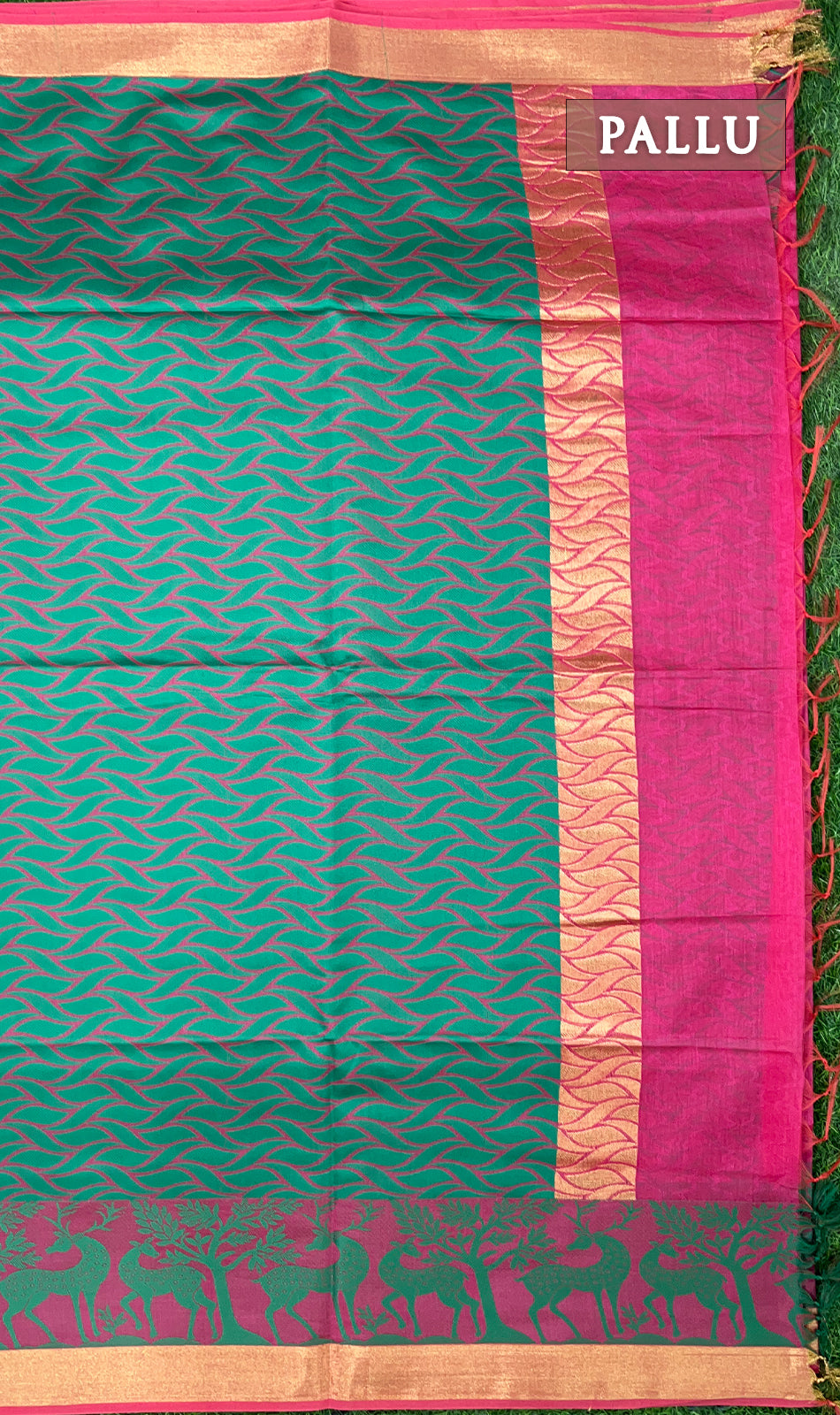 Pink and turquoise chanderi silk cotton saree