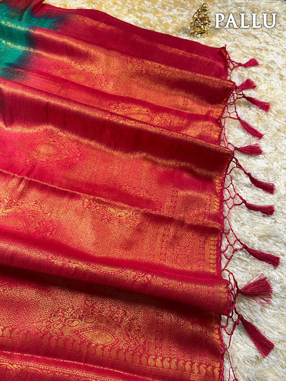 Turquoise green and maroon banaras soft silk saree