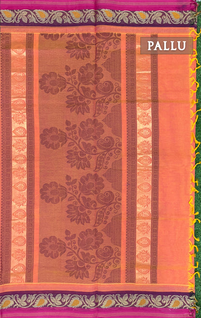 Peach and brown pure rich cotton saree