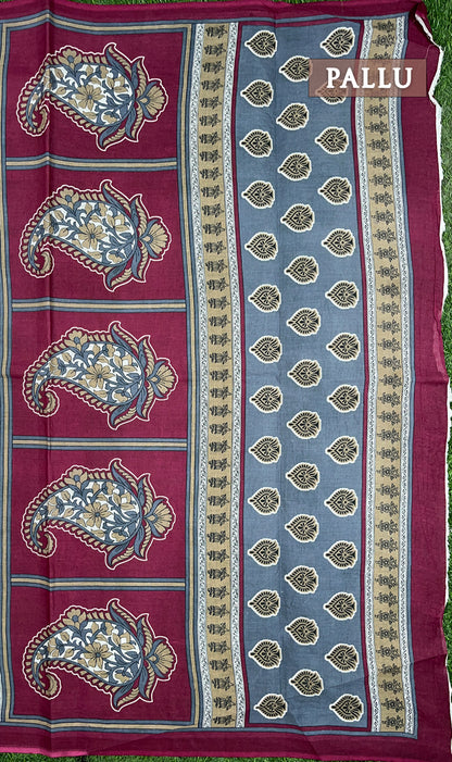 Gray and maroon printed cotton saree