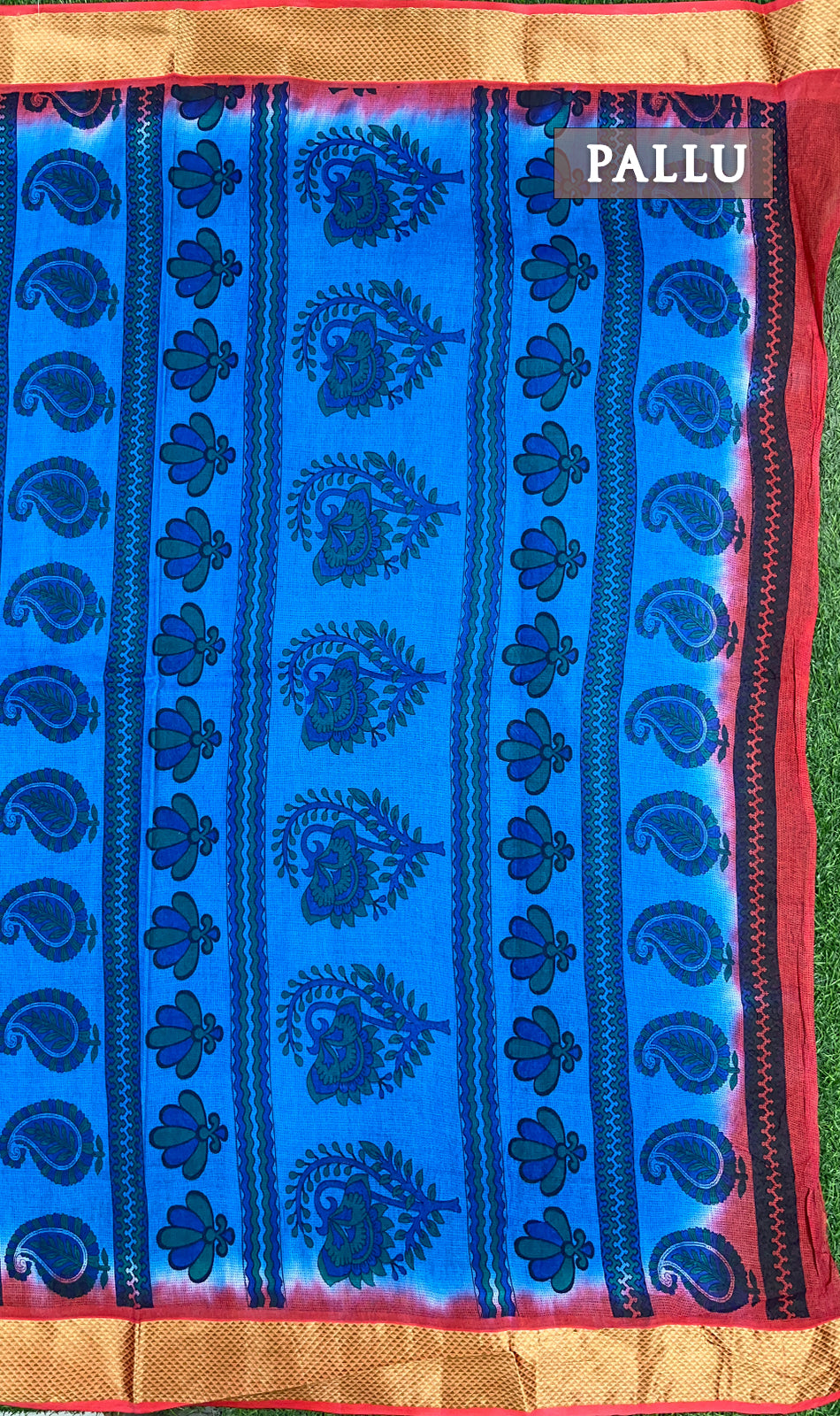 Blue and red printed cotton saree