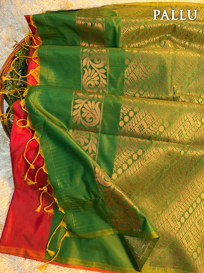 Dual color of red and green kanchipuram semi soft silk saree