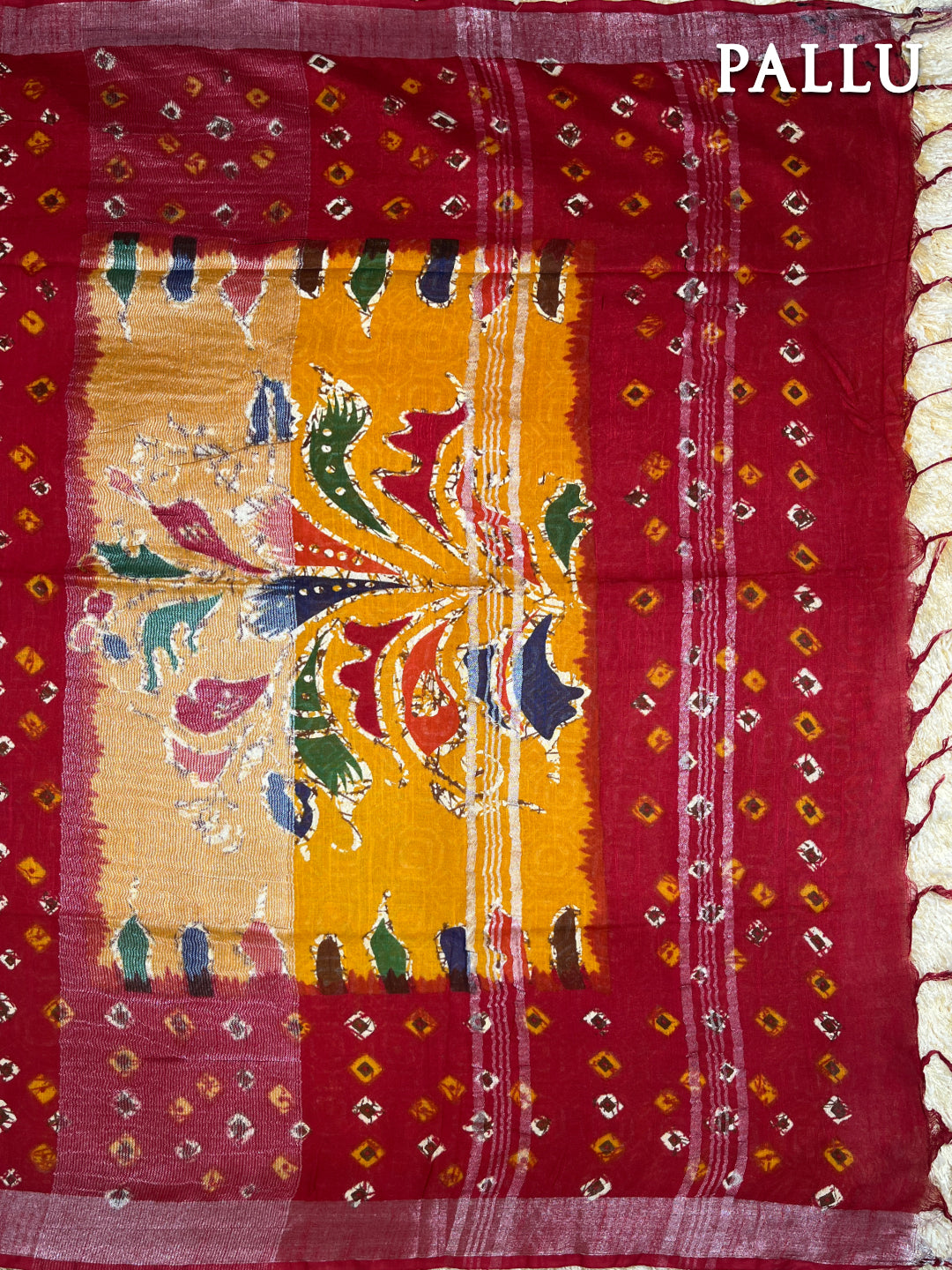 Red and yellow linen batik saree