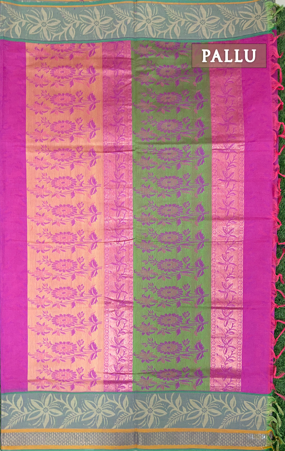 Pink and green pure rich cotton saree
