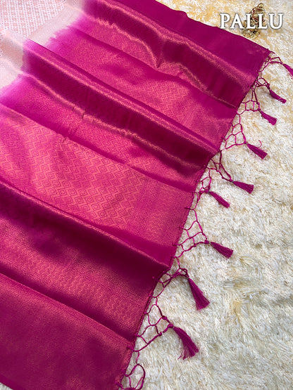 Cream and pink banaras soft silk saree