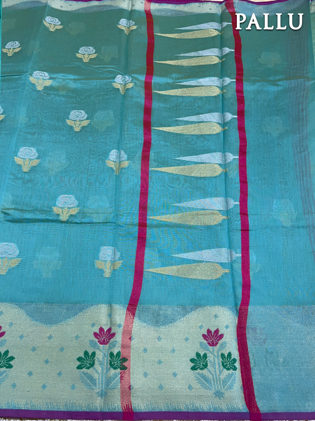Dual shade of turquoise blue banarasi chanderi cotton saree