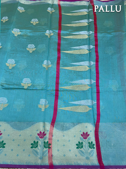 Dual shade of turquoise blue banarasi chanderi cotton saree