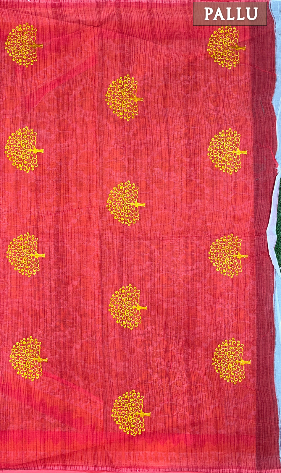 Mustard yellow and red embroidered cotton saree