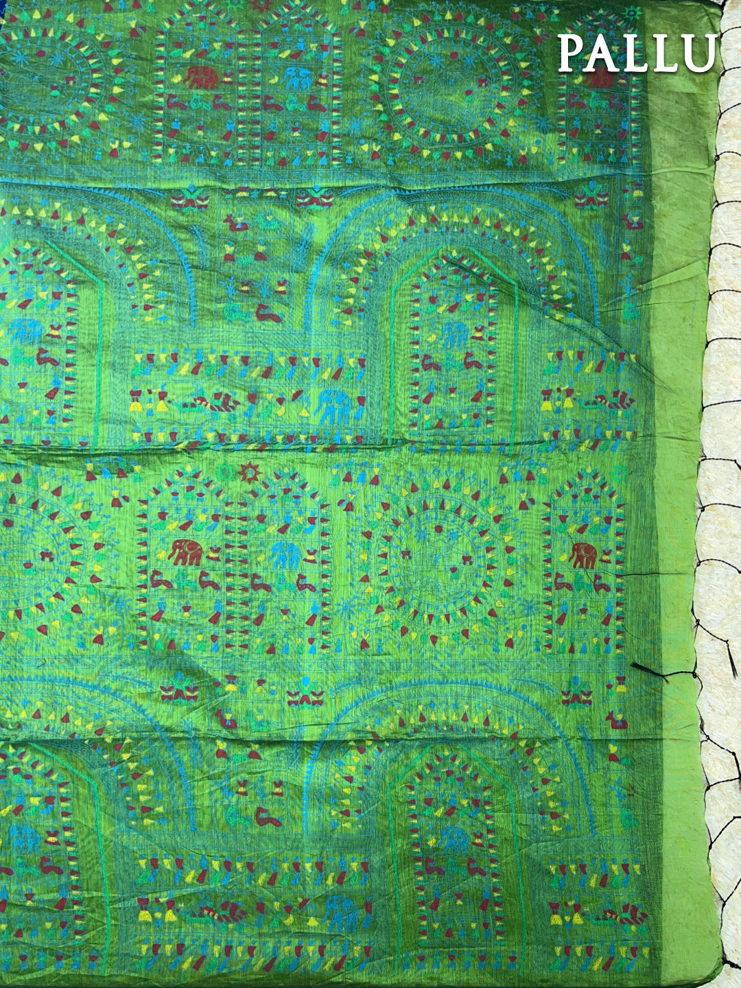 Blue and green madhubaani printed silk cotton saree