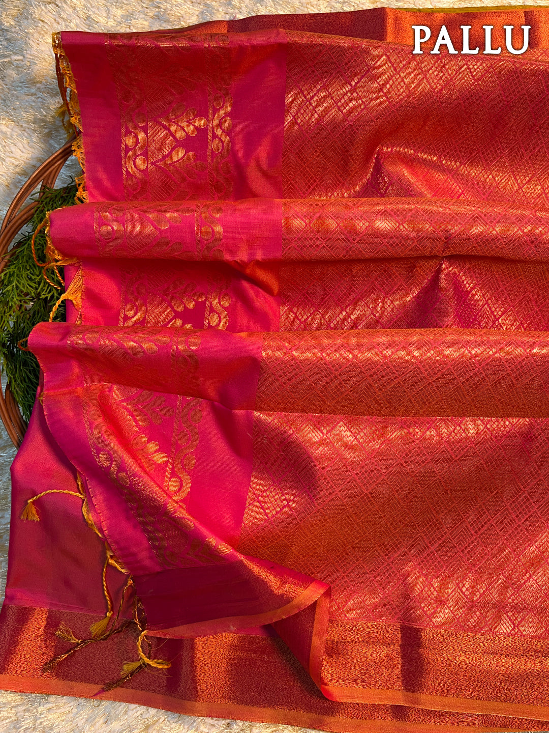 Dual color of mustard yellow and pink kanchipuram semi soft silk saree