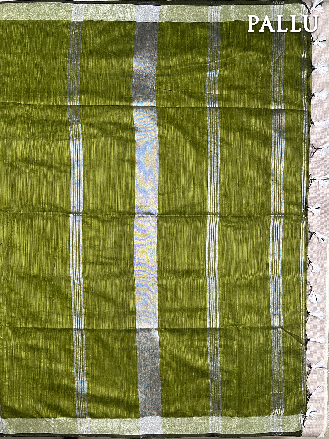 Henna green cotton linen saree