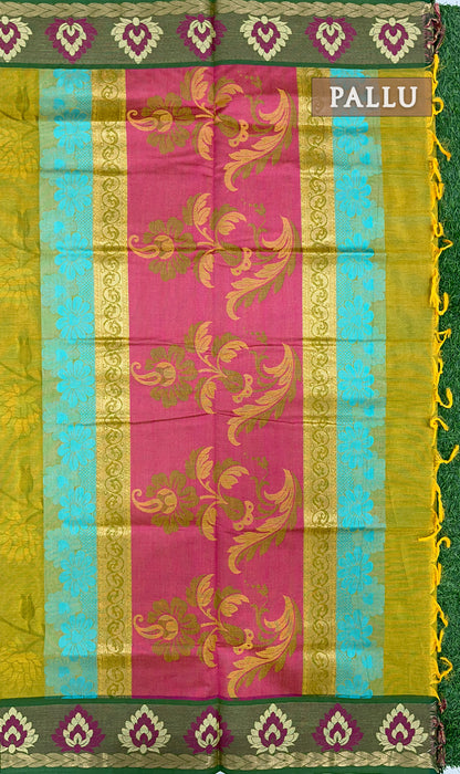 Pear green and light yellow pure rich cotton saree