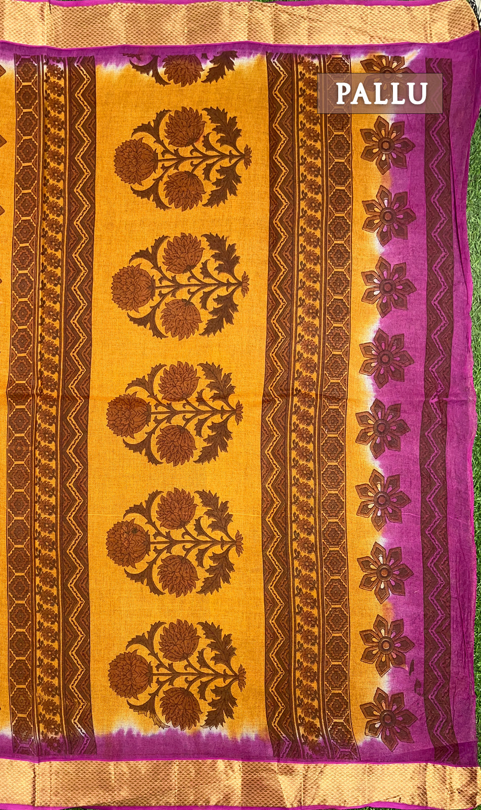 Mustard yellow and pink printed cotton saree