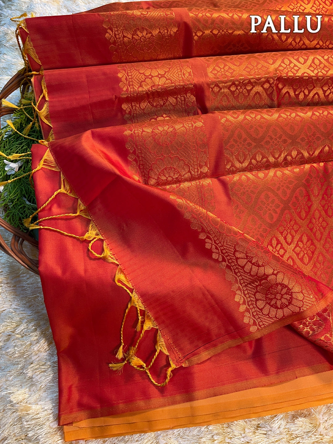 Dual color of orange and maroon kanchipuram semi soft silk saree