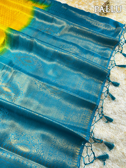 Yellow and sky blue banaras soft silk saree