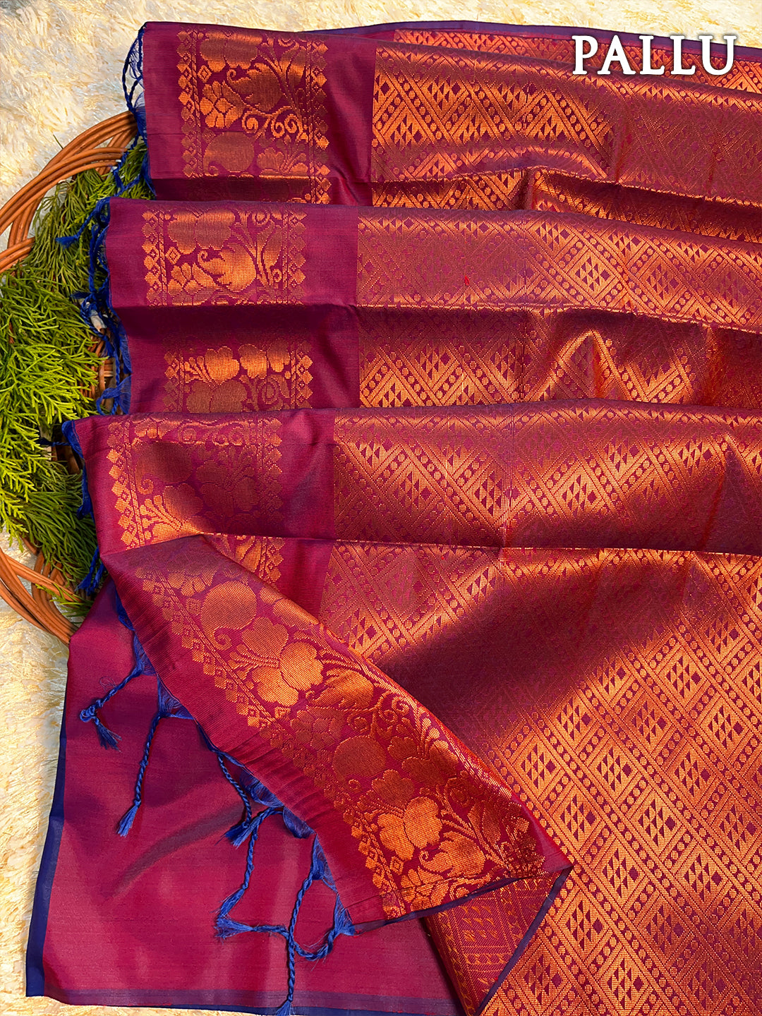Dual color of blue and magenta kanchipuram semi soft silk saree