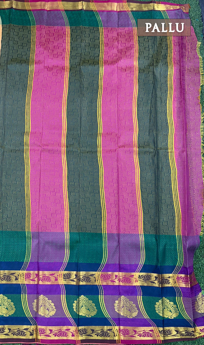 Cream and green with pink semi silk saree