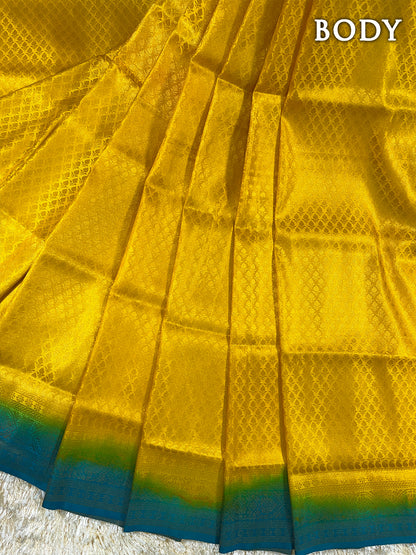 Yellow and sky blue banaras soft silk saree